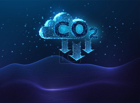 Carbon capture technology concept with Carbon dioxide cloud and absorbing surface in futuristic glowing polygonal style on dark blue background. Modern abstract connection design vector illustration