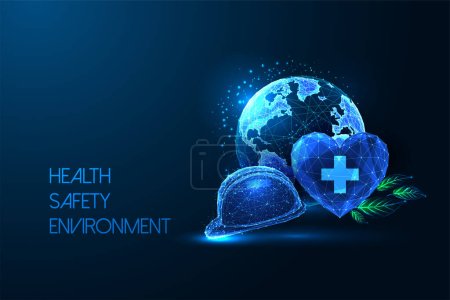 Concept of Health Safety Environment HSE in futuristic glowing low polygonal style on dark blue background. Standard safe industrial work, ESG. Modern abstract connection design vector illustration.