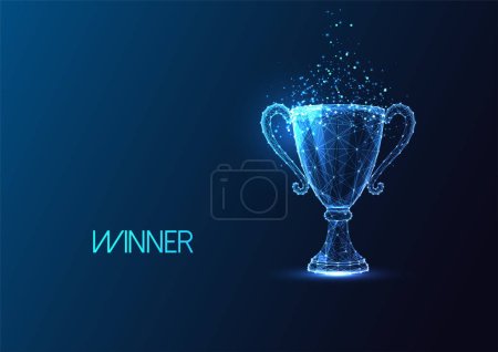 Illustration for Futuristic champion trophy cup in glowing low polygonal style isolated on dark blue background. Winner, championship concept Modern abstract connection design vector illustration - Royalty Free Image