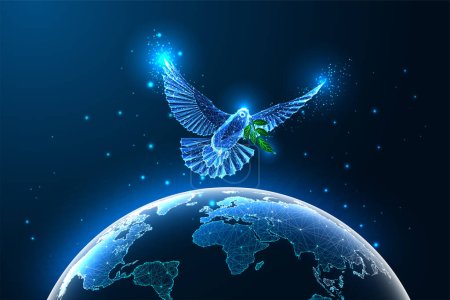 Concepto de paz mundial con paloma voladora y mapa del planeta Tierra desde el espacio en un estilo poligonal bajo brillante futurista sobre fondo azul oscuro. Diseño de conexión abstracta moderna vector ilustración.