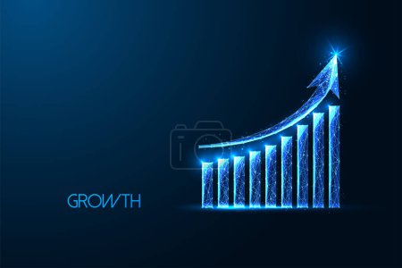 Futurystyczny wykres wzrostu gospodarczego w świecącym stylu wielokąta odizolowany na ciemnoniebieskim tle. Koncepcja inwestycji. Nowoczesny abstrakcyjny projekt połączenia wektor ilustracji.