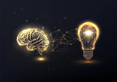 Brainstorm, business startup idea, solution concept with gold brain and light bulb in futuristic glowing low polygonal style on black background. Modern abstract connection design vector illustration.