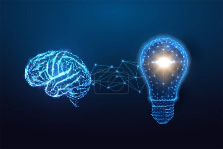 Brainstorm, idea, solution concept with brain and light bulb in futuristic glowing low polygonal style on dark blue background. Modern abstract connection design vector illustration.