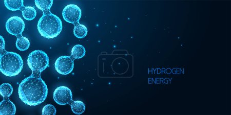 Alternative hydrogen energy futuristic concept with glowing low polygonal hydrogen molecules and place for text on dark blue background. Modern abstract wire frame mesh design vector illustration.