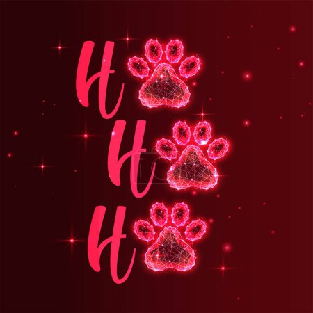 Téléchargez les illustrations : Carte de vœux de Noël pour chien ou chat avec texte Ho Ho Ho et pattes d'animaux sur fond rouge foncé. Illustration vectorielle abstraite polygonale lumineuse - en licence libre de droit