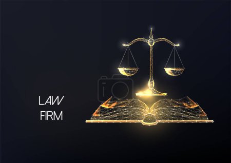 Abstrakte Anwaltskanzlei, Rechtsberatung Zielseite Vorlage mit Gold niedrigen polygonalen offenen Buch und Waage Symbol auf schwarzem Hintergrund. Gerechtigkeitskonzept. Moderne Designvektorillustration
