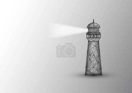 Abstract low polygonal lighting house with light beam made of black lines and dots isolated on white background. Modern wire frame mesh design vector illustration.