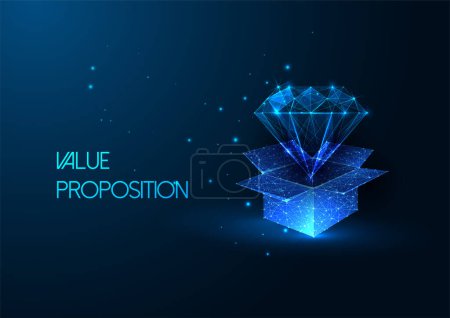 Concept of Value proposition in futuristic glowing low polygonal style with open box and diamond on dark blue background. Modern abstract connection design vector illustration.