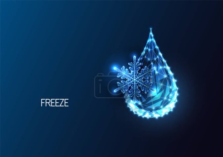 Konzept neuartiger Wassergefriertechnologien, Kryonik, Klimaanlage im futuristisch glühenden Stil mit Wassertropfen und Schneeflocke auf dunkelblauem Hintergrund. Moderne abstrakte Vektorillustration.
