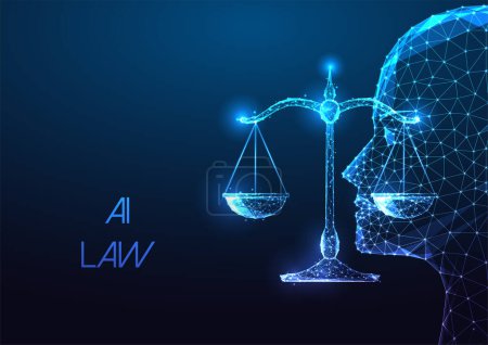 Concept de loi IA, réglementations de l'intelligence artificielle dans un style futuriste à faible luminosité polygonale avec des symboles de cerveau et d'échelle sur fond bleu foncé. Illustration vectorielle abstraite moderne.