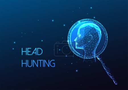 Illustration for Concept of head hunting, hiring process with magnifying glass and employee symbol in futuristic glowing low polygonal style on blue background. Modern abstract connection design vector illustration. - Royalty Free Image