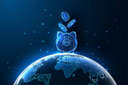Illustration for Global financial growth and prosperity concept with glowing low polygonal world map, piggy bank and coins on blue background. Saving, investing money for better future. Abstract vector illustration. - Royalty Free Image