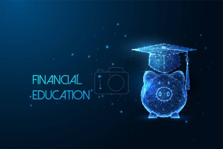 Illustration for Concept of financial education, scholarship, student loan with piggy bank and graduation hat in futuristic glowing low polygonal style on blue background. Modern abstract design vector illustration. - Royalty Free Image