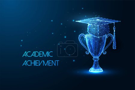 Illustration for Concept of academic achievement, college degree in futuristic glowing low polygonal style with graduation cap and trophy on dark blue background. Modern abstract connection design vector illustration. - Royalty Free Image