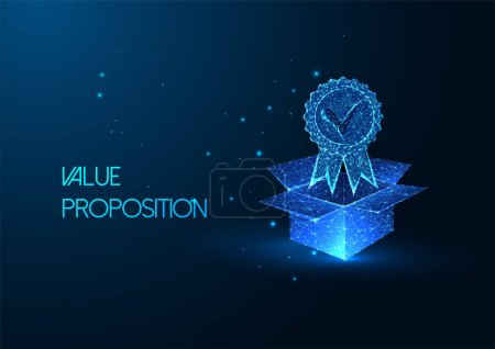Einzigartiges Wertversprechen, Wettbewerbsvorteil-Konzept mit offener Box und Exzellenzpreis-Plakette im futuristisch leuchtenden polygonalen Stil auf blauem Hintergrund. Moderne abstrakte Designvektorillustration.