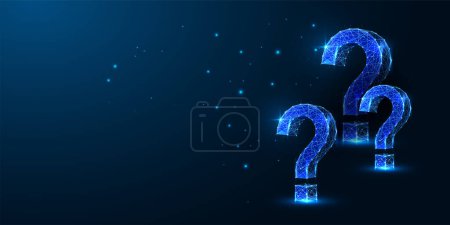 Illustration for Abstract futuristic dark blue background with question marks in glowing low polygonal style. Future technologies, exploration conceptual banner. Modern abstract connection design vector illustration. - Royalty Free Image