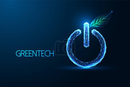 Concept of greentech, esg, sustainale energy activation with power button and green leaf in futuristic glowing low polygonal style on blue background. Modern abstract design vector illustration.