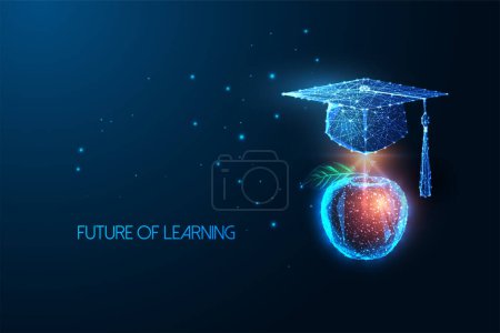 Téléchargez les illustrations : Future of education, e-learning, augmented reality in education futuristic concept with graduation hat and apple in glowing polygonal style on blue background. Illustration vectorielle abstraite moderne - en licence libre de droit