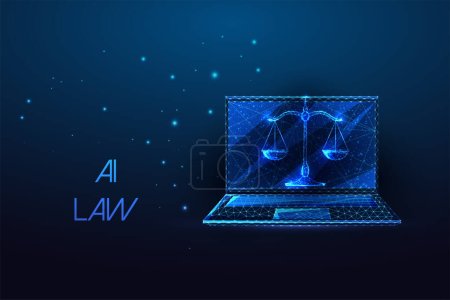 Droit de l'IA, éthique juridique, accès à la justice, concept futuriste de cybersécurité avec ordinateur portable et échelles dans un style polygonal bas rayonnant sur fond bleu foncé. Illustration vectorielle abstraite moderne.