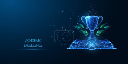 Illustration for Academic excellence, top performing in education futuristic concept with open book and trophy in glowing low polygonal style on dark blue background. Modern abstract connect design vector illustration - Royalty Free Image