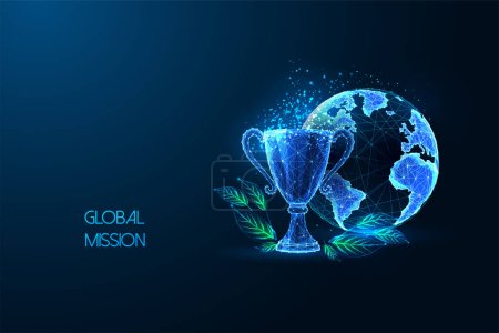 Global leadership, international mission, sustainable development futuristic concept with trophy and Earth globe in glowing low polygonal style on blue background. Abstract design vector illustration.