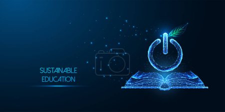 Illustration for Sustainable education, environmental awareness, Eco-literacy futuristic concept with open book and power button in glowing low polygonal style on blue background. Abstract design vector illustration. - Royalty Free Image