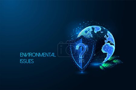 Environmental issues, green solutions futuristic concept with planet Earth and protection shield in glowing low polygonal style on dark blue background. Modern abstract design vector illustration.