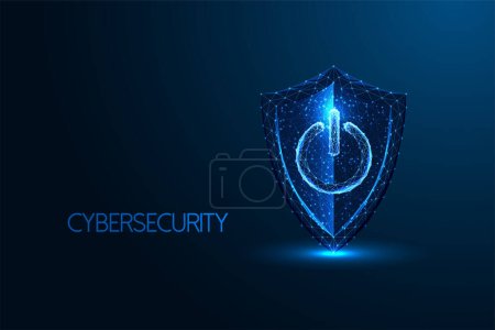 Cybersécurité, sécurité web, défense numérique concept futuriste avec bouclier de protection et bouton d'alimentation dans un style polygonal lumineux sur fond bleu foncé. Illustration vectorielle abstraite moderne