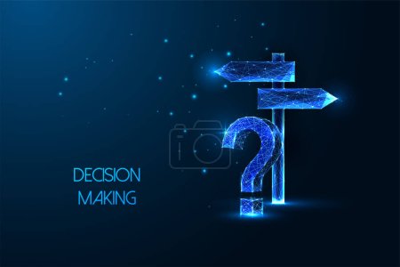 Decision making, problem solving futuristic concept with direction signpost and question mark in glowing low polygonal style on blue background. Modern abstract connection design vector illustration.