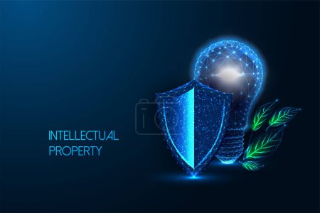 Intellectual property, innovation protection futuristic concept with lightbulb and shield symbols in glowing low polygonal style on dark blue background. Modern abstract design vector illustration.