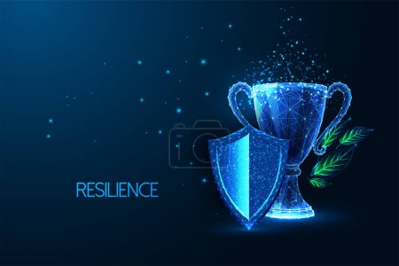 Illustration for Resilience, empowerment, persistence, grit futuristic concept with shield and trophy in glowing low polygonal style on dark blue background. Modern abstract connection design vector illustration. - Royalty Free Image