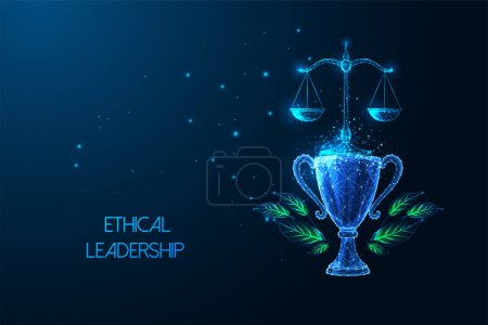 Ethical leadership, guiding principles in justice futuristic concept with scales and trophy symbols in glowing low polygonal style on dark blue background. Modern abstract design vector illustration.