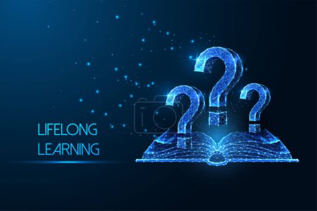 Illustration for Lifelong learning, self education, knowledge acquisition futuristic concept with open book and question marks in glowing polygonal style on blue background. Modern abstract design vector illustration - Royalty Free Image