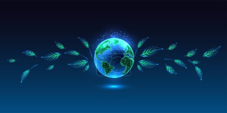 Illustration for Environmental social governance ESG concept with planet Earth globe and green leaves in futuristic glowing low polygonal style on blue background. Modern abstract connect design vector illustration. - Royalty Free Image