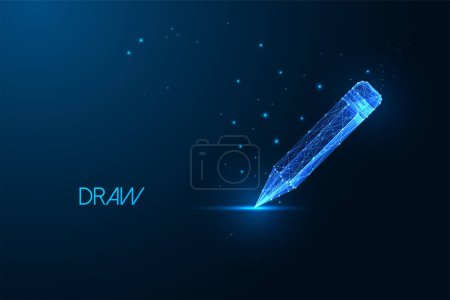 Futuristic smart pencil in glowing low polygonal style isolated on dark blue background. AI assisted writing or drawing, advanced digital creativity technologies concept. Abstract vector illustration.