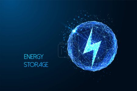 Vektor für Energiespeicherung, nachhaltige Energielösungen futuristisches Konzept mit Blitz-Symbol innerhalb der Kugel in glühend niedrigem polygonalen Stil auf blauem Hintergrund. Moderne abstrakte Designvektorillustration - Lizenzfreies Bild