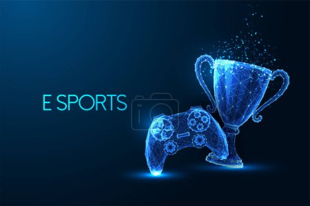 E Sports, virtuelles Gaming-Turnier futuristisches Konzept mit Game Controller und Siegerpokal im glühend niedrigen polygonalen Stil auf dunkelblauem Hintergrund. Moderne abstrakte Designvektorillustration