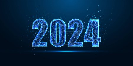 Ilustración de Resumen 2024 Happy New Year digital web banner template in futuristic glowing polygonal style on dark blue background. Ilustración de vectores de diseño de marco de alambre moderno. - Imagen libre de derechos