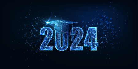 Banner conceptual de graduación futurista 2024 con sombrero de graduación poligonal bajo brillante aislado sobre fondo azul oscuro. Moderno marco de alambre malla diseño vector ilustración.