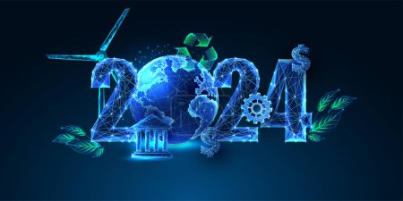 Metas de desarrollo Sustianable para 2024, banner web de Año Nuevo con dígitos brillantes futuristas, globo terráqueo y elementos enironmentales sobre fondo azul oscuro. Ilustración moderna vector abstracto