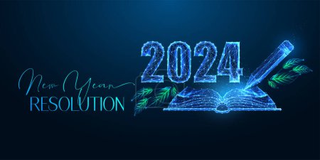Abstract 2024 New Year resolution concept banner with open notebook, pencil and 2024 digits in futuristic glowing polygonal style on dark blue background. Modern wireframe design vector illustration.