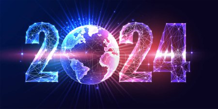 Futuristic 2024 global metaverse world concept banner on dark purple pink and blue background. 2023 New Year international connection business digital web banner. Modern abstract vector illustration
