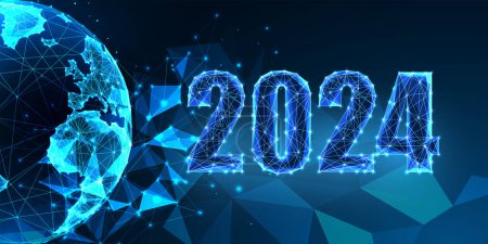 Red global abstracta 2024, plantilla de banner digital Feliz Año Nuevo en estilo poligonal brillante futurista sobre fondo azul oscuro. Ilustración de vectores de diseño de marco de alambre moderno.