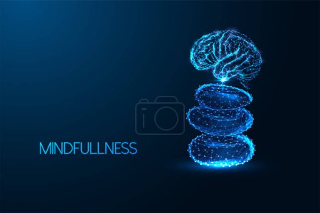 Illustration for Mindfullness, awareness, consciousness futuristic concept with brain and balancing stones in glowing polygonal style on dark blue background. Landing page. Modern abstract design vector illustration - Royalty Free Image