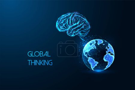 Illustration for Global thinking, artificial intelligence development futuristic concept with brain and Earth globe in glowing low polygonal style on dark blue background. Modern abstract design vector illustration. - Royalty Free Image