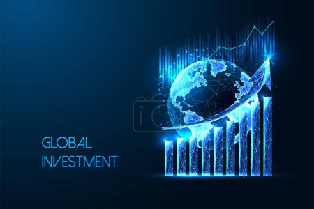 Globalne inwestycje, futurystyczna koncepcja światowego rynku akcji z globusem ziemskim i wykres wzrostu w świecącym stylu wielokątnym na niebieskim tle. Nowoczesny abstrakcyjny projekt wektor ilustracji.