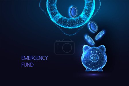 Illustration for Emergency fund, financial security, fiscal safety futuristic concept with piggy bank and lifebuoy in glowing polygonal style on blue background. Modern abstract connection design vector illustration. - Royalty Free Image