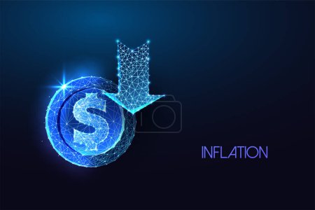 Illustration for Inflation, economic downturn, financial crisis futuristic concept with dollar coin and down arrow in glowing polygonal style on blue background. Modern abstract connection design vector illustration. - Royalty Free Image