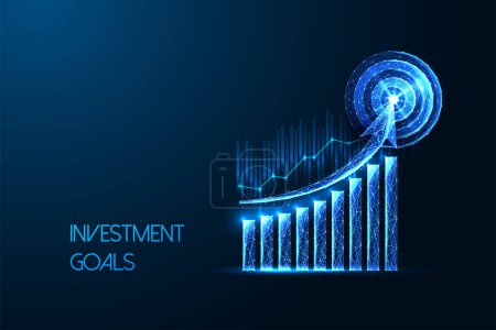 Investment goals, capital growth, wealth building futuristic concept with growth graph and target in glowing low polygonal style on dark blue background. Modern abstract design vector illustration.