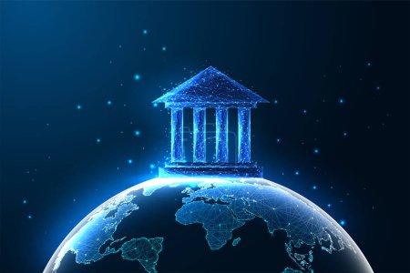 Global Banking, International Governance, World Finance Management futuristisches Konzept im glühend niedrigen polygonalen Stil auf dunkelblauem Hintergrund. Modernes abstraktes Verbindungsdesign Vektor Illustration.